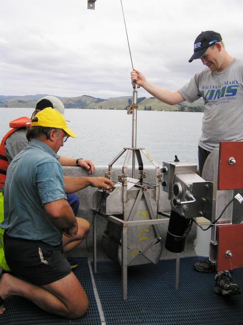 Examining a box corer, Poverty Bay, New Zealand (2010)