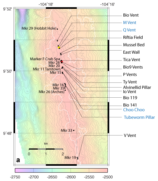 Bathymetry of EPR with vent locations (2012)